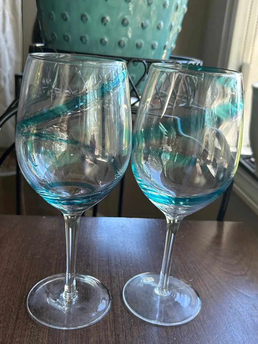 2 Pier 1 Russell & Company teal blue swirl wine glasses
